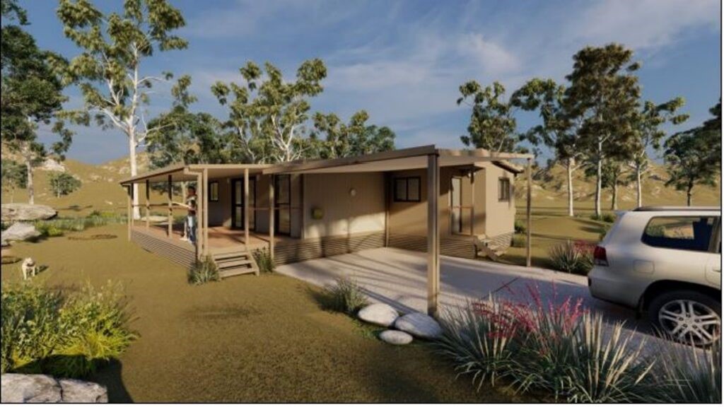 image of a modular house with landscaping and white car in the driveway.